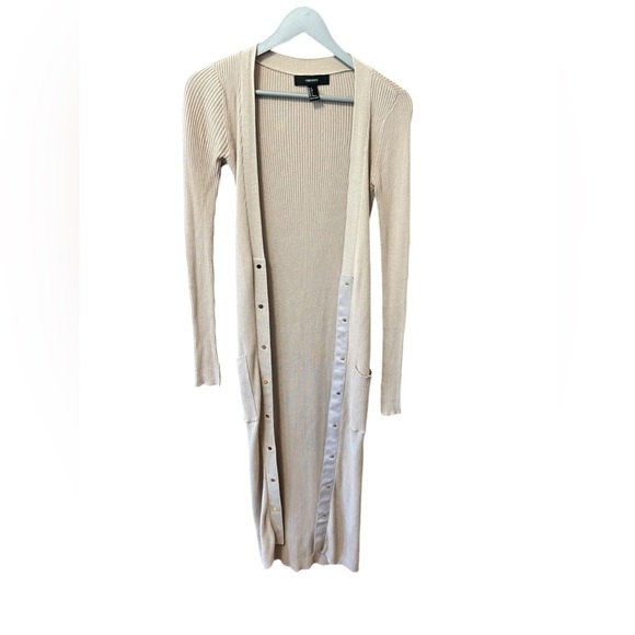 Forever 21 Long Beige Cardigan Ribbed Snap Sweater Small - Picture 1 of 9